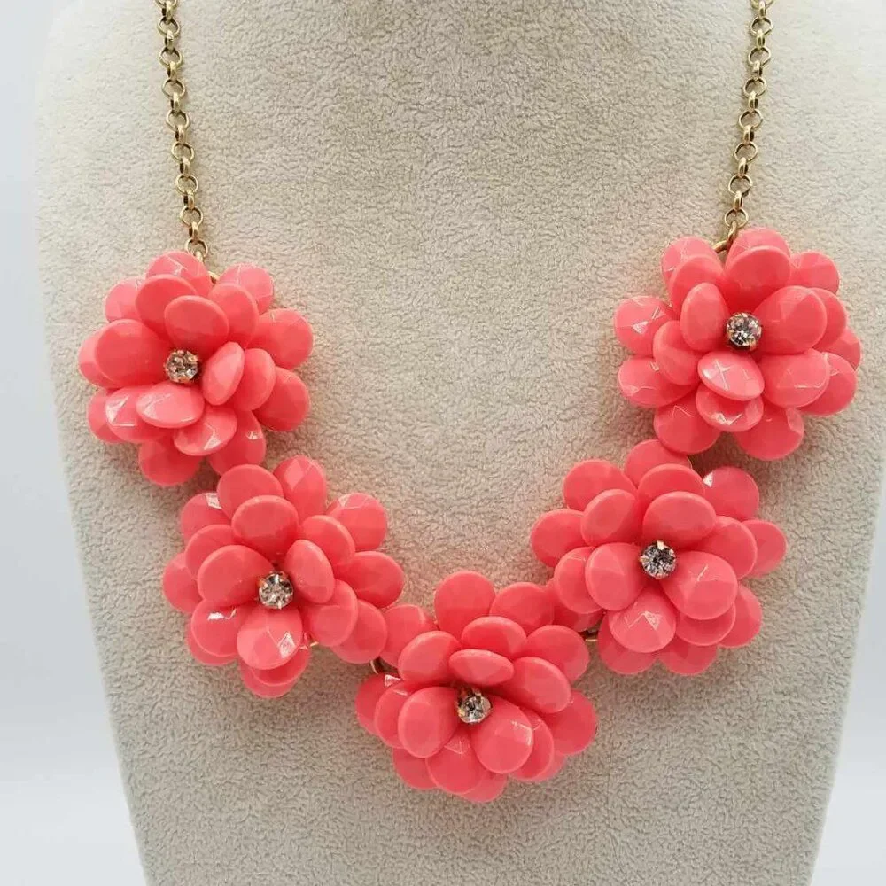 J Crew Coral / Orange Resin Floral Necklace with Crystals